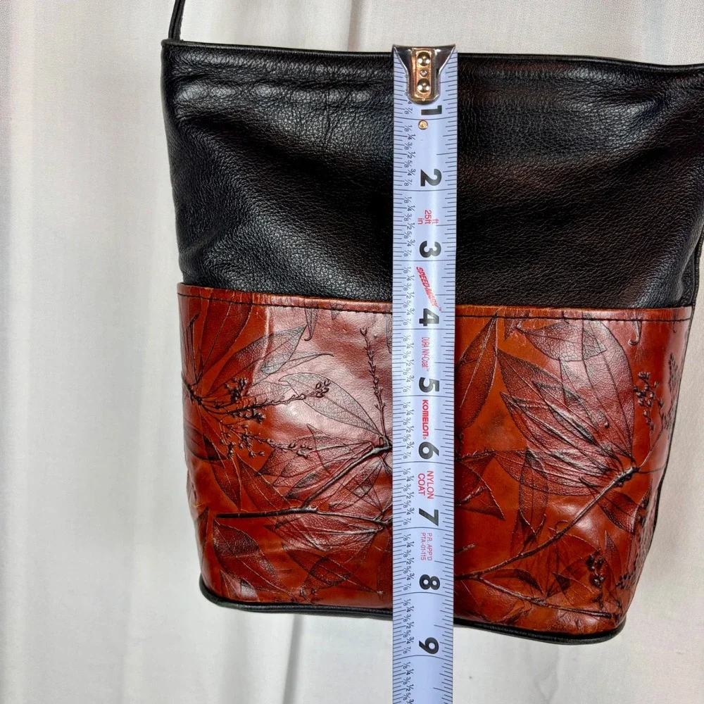 Leaf Leather C.L. Whiting  Black Brown Embossed Crossbody Bucket Bag USA Made